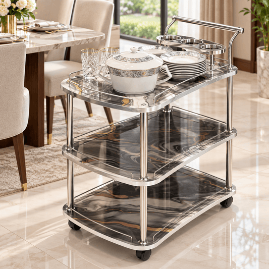3-Tier Wooden & Steel Kitchen Serving Trolley- Large Size