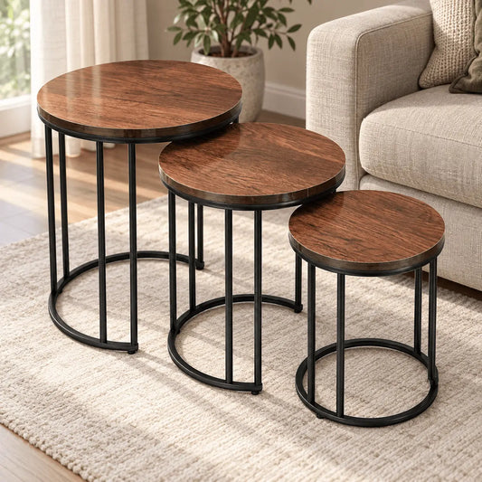 Wood & Black Steel Round Nesting Tables – Set of 3-FREE SHIPPING