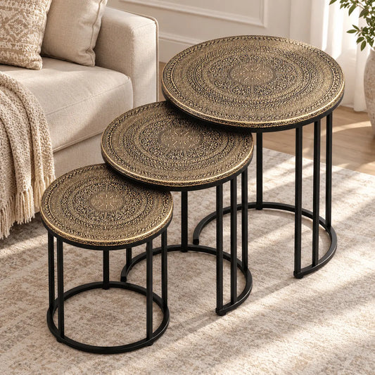 Royal Mandala Gold & Black Engraved Nesting Tables – Set of 3-FREE SHIPPING